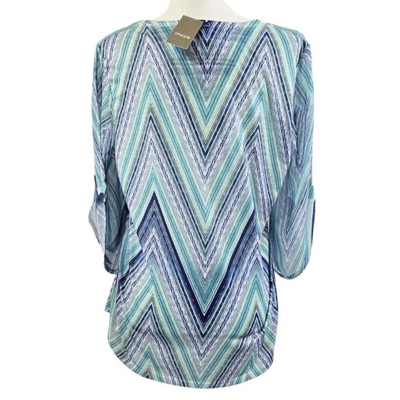 Chico's NWT Sasha Aqua Breeze Zigzag Chevron Beaded Top Beachy Boho - Picture 2 of 9